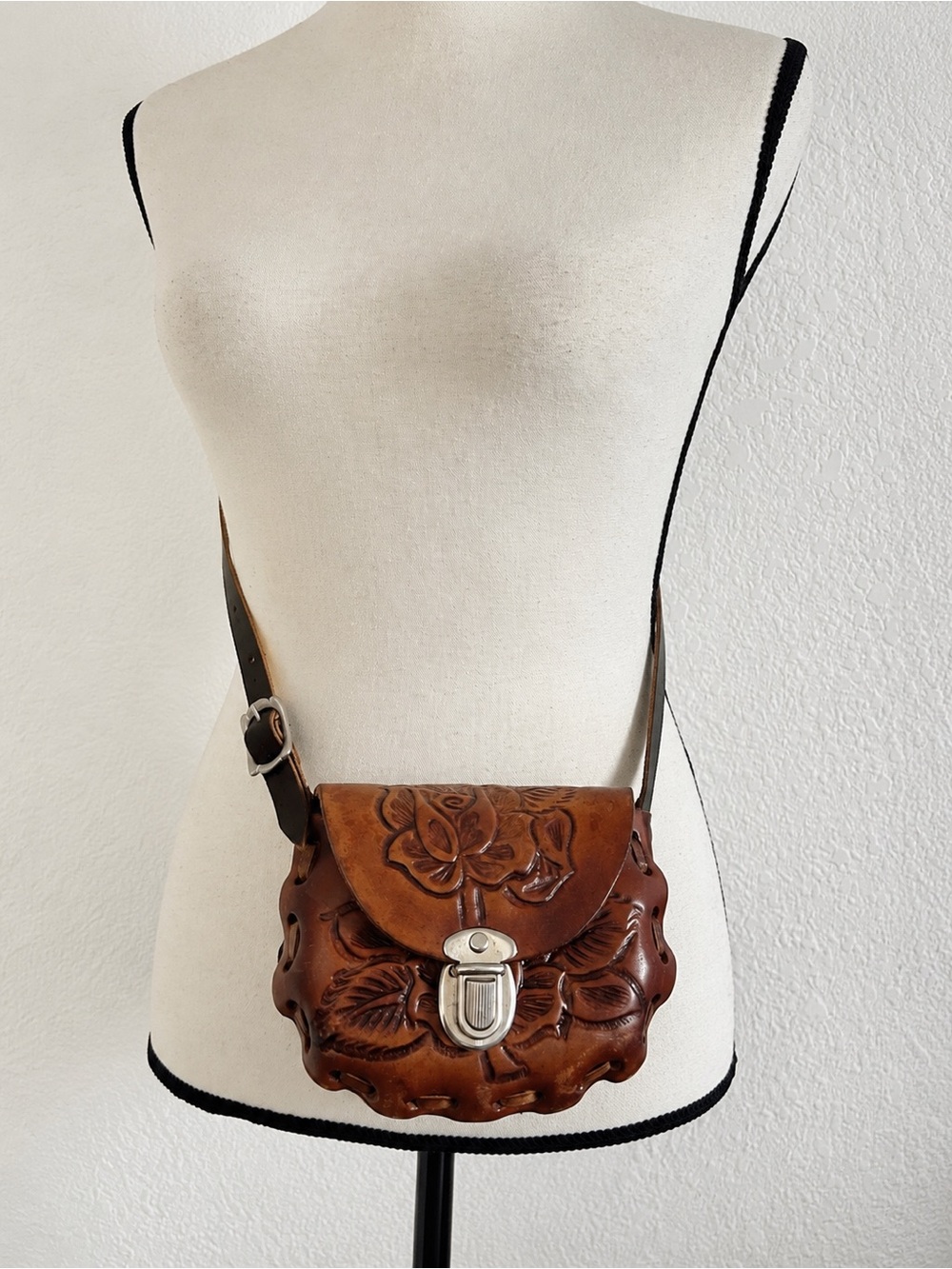 Mexican Hand Tooled Floral Leather Crossbody Brown Purse BOHO WESTERN